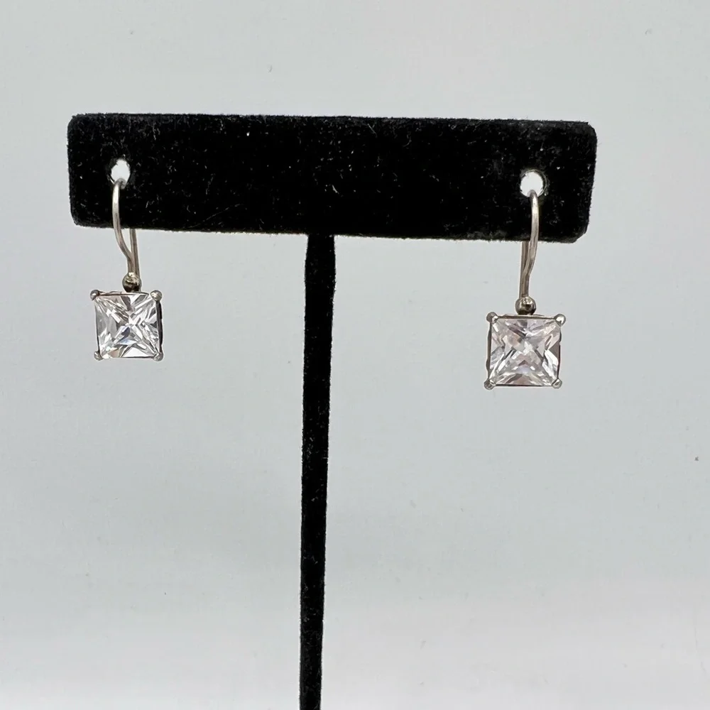Simple artisan 925 silver shepherds hook rectangular clear rhinestone earrings